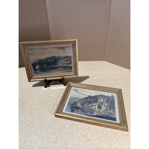 Pair Antique Hand-Colored Engravings Clovelly & Wigton Galloway Framed 12.5x9.5 - Picture 1 of 12